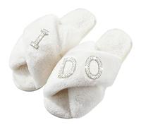 Xuhal Bride Slippers I Do Slippers Women's Wedding Shoes for Bride Plush Furry Warm White Open Toe Cozy Fluffy Bridal Party Wedding Fuzzy Soft House for Bachelorette Party, White, 9-10
