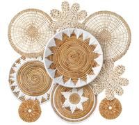 Xuhal Set of 8 Hanging Woven Wall Basket Handmade Decorative Rustic Boho Basket Decor Handcrafted Wicker Round Seagrass Wall Art for Home Kitchen Farmhouse Table Living Room