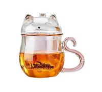 XUJUAN-0227 Glassware Clear Double Wall Coffee Mug with Lid, 16oz Cute Cat-Shaped Borosilicate Glass Cup with Pink Handle