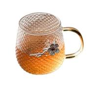XUJUAN-0227 Glassware Fish Scale Pattern Glass Mug with Gold Handle, 230ml Clear Borosilicate Cup with Tin Plum Blossom Decor