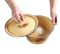 Xujuika Enamel Basin - Vintage Small Oil Pot with Lid | Small Enamels Soup Basin Asian Dishes for Salad Serving, Enamel Dishes for Ramen, Noodles