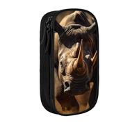 XULLZH angry rhino Print Large Capacity Zipper Pencil Box double-deck Pen Bag Make-up Pen Pouch Office Supply, Black, One Size, Modern