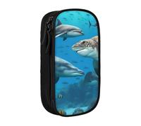 XULLZH Dolphins Sea Turtle Shark Octopus Coral Reef Print Large Capacity Zipper Pencil Box double-deck Pen Bag Make-up Pen Pouch Office Supply, Black, One Size, Modern