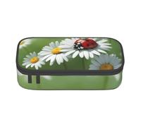 XULLZH Ladybug on Daisy Flower Print Large Capacity Compartments Pencil Case Pencil Pouch Bag Travel Toiletry Organizer Bag, Black, One Size, Modern