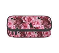 XULLZH Red Fresh Roses Print Large Capacity Compartments Pencil Case Pencil Pouch Bag Travel Toiletry Organizer Bag, Black, One Size, Modern