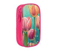 XULLZH Red tulips Print Large Capacity Zipper Pencil Box double-deck Pen Bag Make-up Pen Pouch Office Supply, Pink, One Size, Modern