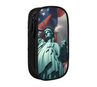 XULLZH Statue of Liberty Flag Print Large Capacity Zipper Pencil Box double-deck Pen Bag Make-up Pen Pouch Office Supply, Black, One Size, Modern
