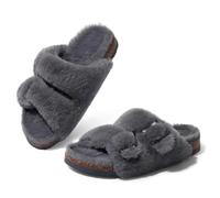 XUMKFJRE Sliders Women Women's Fuzzy Slippers With Arch Support Open Toe House Cork Footbed Sandals Rubber Sole Non-slip Winter Plush Slippers(Deep Grey,36)