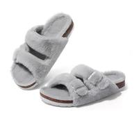 XUMKFJRE Sliders Women Women's Fuzzy Slippers With Arch Support Open Toe House Cork Footbed Sandals Rubber Sole Non-slip Winter Plush Slippers(Grey,41)