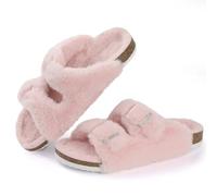 XUMKFJRE Sliders Women Women's Fuzzy Slippers With Arch Support Open Toe House Cork Footbed Sandals Rubber Sole Non-slip Winter Plush Slippers(Pink,38)