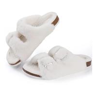 XUMKFJRE Sliders Women Women's Fuzzy Slippers With Arch Support Open Toe House Cork Footbed Sandals Rubber Sole Non-slip Winter Plush Slippers(White,39)