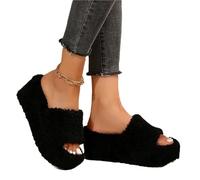 XUMKFJRE Sliders Women Women's Slippers Wedge Fluffy Slides Fur Slippers for Women Winter Open Toe Cross-Strap Flip Flops Room Shoes Size 43(Black,42)