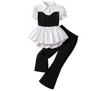 Xumplo 2-Pieces Outfits for Girls Ruffle Tops and Pants Sets Kids Short Sleeve Ribbed Clothing Spring Summer Black 8-9 Years