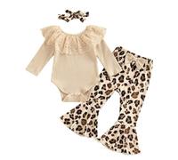 Xumplo Baby Girl Clothes Infant Rib Frill Outfits Long Sleeve Newborn Lace Romper Flared Leopard Print Pants Headband 3-6 Months