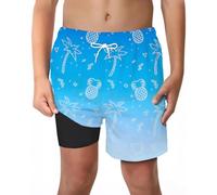 Xumplo Boys Swimming Shorts Teen Boys Swim Trunks Boardshorts with Compression Liner 2 in 1 Kids Graphic Print Beach Swimwear 13-14 Years Blue