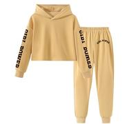 Xumplo Girl's 2 Piece Outfits Tween Girls Long Sleeve Hoodie with Pants Clothes Set Teens Brown Casual Clothing