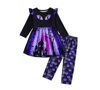 Xumplo Girls Halloween Clothes Little One Horror Pumpkin Print Outfit Kid 2PCs Scary Dress and Pants Set 6-7 Years