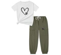 Xumplo Girls Outfits Tweens Short Sleeve Heart Shirts and Jogger Pants Set Kids 2Pcs Casual Clothes 5-12 Years