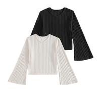 Xumplo Girls T-Shirt Kids Long Sleeve Flared Tops Teens Knitted V-Neck Pullover Pack of 2 Fall Winter Clothes Black/White 12-13 Years