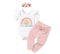Xumplo Newborn Baby Girl Clothes Infant Baby Girls Outfits Toddler Short Sleeve Letter Print Top Romper Bow Pants with Headband 3Pcs Clothing Set 1-3 Months