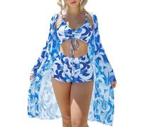 Xumplo Womens 3 Piece Bikini Sets with Long Sleeve Cover Ups Swimming Costume Ladies Graphic Print Halter Tops+Bottoms+Cardigan Beachwear Bathing Suits Blue-S