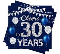 Xunerloy Blue Silver 30th Birthday Napkins, Happy 30th Birthday Serviette for Men Women, Cheers to 30th Years Napkins for Table Decorations