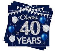 Xunerloy Blue Silver 40th Birthday Napkins, Happy 40th Birthday Serviette for Men Women, Cheers to 40th Years Napkins for Table Decorations