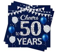 Xunerloy Blue Silver 50th Birthday Napkins, Happy 50th Birthday Serviette for Men Women, Cheers to 50th Years Napkins for Table Decorations