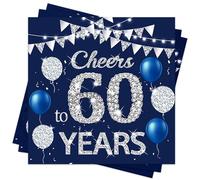 Xunerloy Blue Silver 60th Birthday Napkins,Happy 60th Birthday Serviette for Men Women, Cheers to 60th Years Napkins for Table Decorations