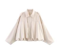 Xunger Women's Faux Suede Bomber Jacket Spring Lapel Pilot Coat Casual Oversized Long Sleeves Trendy Streetwear Outerwear, Beige, S