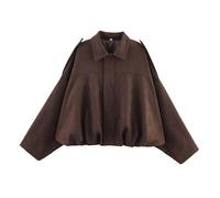 Xunger Women's Faux Suede Bomber Jacket Spring Lapel Pilot Coat Casual Oversized Long Sleeves Trendy Streetwear Outerwear, Coffee, Medium