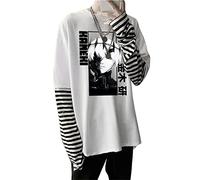 XUNGHO Japanese Anime Tokyo Ghoul T-Shirts Long Sleeve Harajuku Kaneki Ken Printed Oversized Patchwork Striped Fake Two Piece T-Shirts