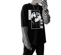XUNGHO Japanese Anime Tokyo Ghoul T-Shirts Long Sleeve Harajuku Kaneki Ken Printed Oversized Patchwork Striped Fake Two Piece T-Shirts