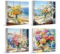 XunHe 4 Pack Framed Canvas Paint by Numbers for Kids Adults - 20x20cm Colourful Flowers Painting by Numbers Kit for Beginner Canvas Kits, Easy to DIY Acrylic Painting Craft Kits for Home Wall Decor