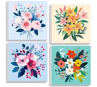 XunHe 4 Pack Framed Canvas Paint by Numbers for Kids Adults - 20x20cm Colourful Flowers Painting by Numbers Kit for Beginner Canvas Kits, Easy to DIY Acrylic Painting Craft Kits for Home Wall Decor