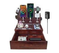 Xunhomon Wood Phone Docking Station with Drawer Nightstand Organizer Charging Station with QC 3.0 & PD USB C Fast Charger for iPhone Samsung Android mens jewelry box Anniversary Birthday Gifts for Men