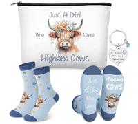 Xuniea 3 Pcs Highland Cow Gift Set for Women Cow Lover Highland Keyring Cattle Makeup Bag Cotton Socks Gift Just a Girl Who Loves Gifts Animal Supplies for Valentine's Day Birthday(Flowers)