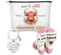 Xuniea 3 Pcs Highland Cow Gift Set for Women Cow Lover Highland Keyring Cattle Makeup Bag Cotton Socks Just a Girl Who Loves Gifts Cute Animal Themed Party Supplies for Birthday Graduation(Bouquet)