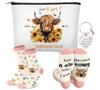 Xuniea 3 Pcs Highland Cow Gift Set for Women Cow Lover Highland Keyring Cattle Makeup Bag Cotton Socks Just a Girl Who Loves Gifts Cute Animal Themed Party Supplies for Birthday Graduation(Sunflower)