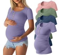 Xuniea 4 Pack Womens Maternity Shirts Scoop Neck Short Sleeve Cotton Ribbed Pregnancy Top Henley Side Ruched Mama Clothes