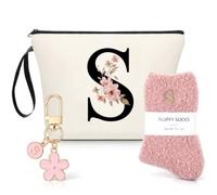 Xuniea A-Z Personalized Birthday Gift Set Include Initial Floral Letter Makeup Bag Pink Keychain Sock for Women Wedding Bride(S)