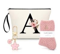 Xuniea A-Z Personalized Birthday Gift Set Include Initial Floral Letter Makeup Bag Pink Keychain Sock for Women Wedding Bride (A)
