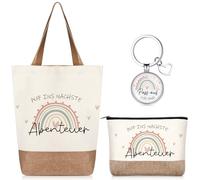 Xuniea Farewell Gift Bag and Cosmetic Bag in Jute Fabric with Wording auf Ins Nächste Abenteuer Keyring Pass auf Dich auf Gift Lucky Charm for Colleague New Driver Christmas