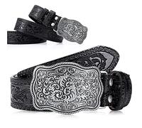Xuniea Mens Cowboy Western Leather Buckle Belt Engraved Floral Buckle Belt Vintage Embossed, 1-1/2 Inch Wide(45 Inch,Black)
