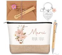 Xuniea Merci pour Tout Gift Set for Women - Toiletry Bag with Keychain Heart, Wooden Ballpoint Pen & Dried Flowers Greeting Card - Thank You Gift For Teacher, Colleague, Mum, Girlfriend