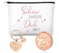 Xuniea Thanksgiving Gift Set Including 1 Makeup Bag, 1 Travel Mirror and 1 Key Ring, Gift for Girlfriend, Mom, Colleagues or Partner, White, Rose Gold, Schön, dass es dich gibt