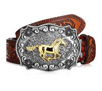 Xuniea Western Cowboy Belts for Men Women Cowgirl Leather Horse Buckle Belt(for 32-33 Waist,Camel Color)
