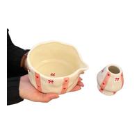 XUNJIE for Cute Pattern Ceramic Matcha Bowl Set, Includes Bamboo Whisk, with Spout Matcha Latte Chawan, Strawberry/Heart/Cherry Print, Dishwasher Safe (Pink Bow tie,Set)