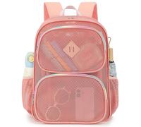 Xunteny Mesh School Backpack for Girls, See Through Net Bookbag for Women Beach Work Sports Travel, Pink, L, Casual