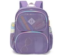 Xunteny Mesh School Backpack for Girls, See Through Net Bookbag for Women Beach Work Sports Travel, Purple, Large